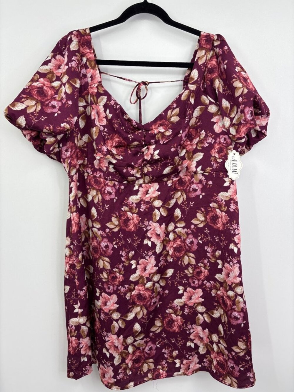 AUW Floral Puff Sleeve Milk Maid Style Short Dress Burgundy Size 2X NEW